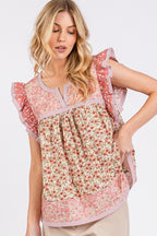 Mittoshop Floral Notched Ruffled Cap Sleeve Blouse - Whispering Desires Shoppe
