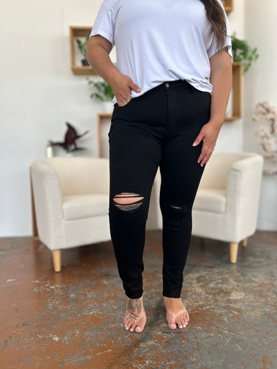 Judy Blue Full Size Distressed Tummy Control High Waist Skinny Jeans - Whispering Desires Shoppe