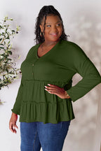Double Take Ruffle-Hem Button Blouse - Whispering Desires Shoppe