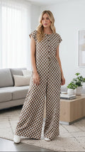 Ces Femme Checkered Half Button Cap Sleeve Jumpsuit - Whispering Desires Shoppe