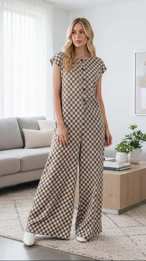Ces Femme Checkered Half Button Cap Sleeve Jumpsuit - Whispering Desires Shoppe
