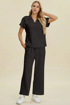 Double Take Collared Two-Piece Top & Wide-Leg Pants - Whispering Desires Shoppe