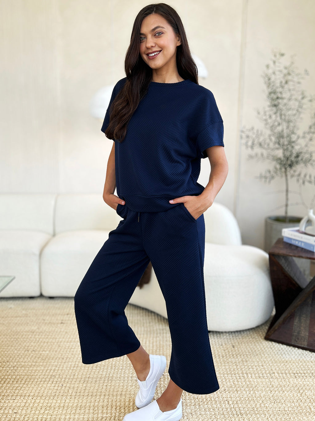 Double Take Full Size Texture Short Sleeve Top and Pants Set - Whispering Desires Shoppe