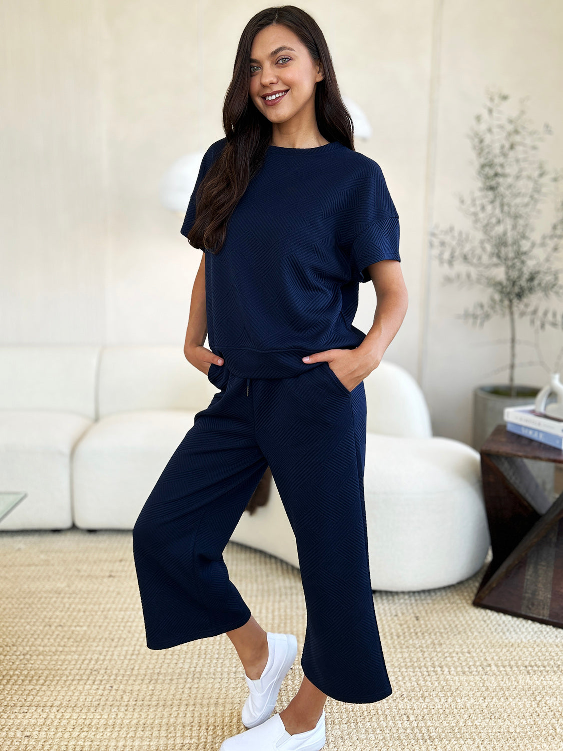 Double Take Full Size Texture Short Sleeve Top and Pants Set - Whispering Desires Shoppe