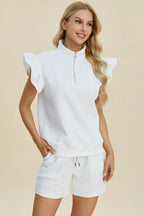 Double Take Flounce Sleeve Top & Drawstring Shorts - Whispering Desires Shoppe