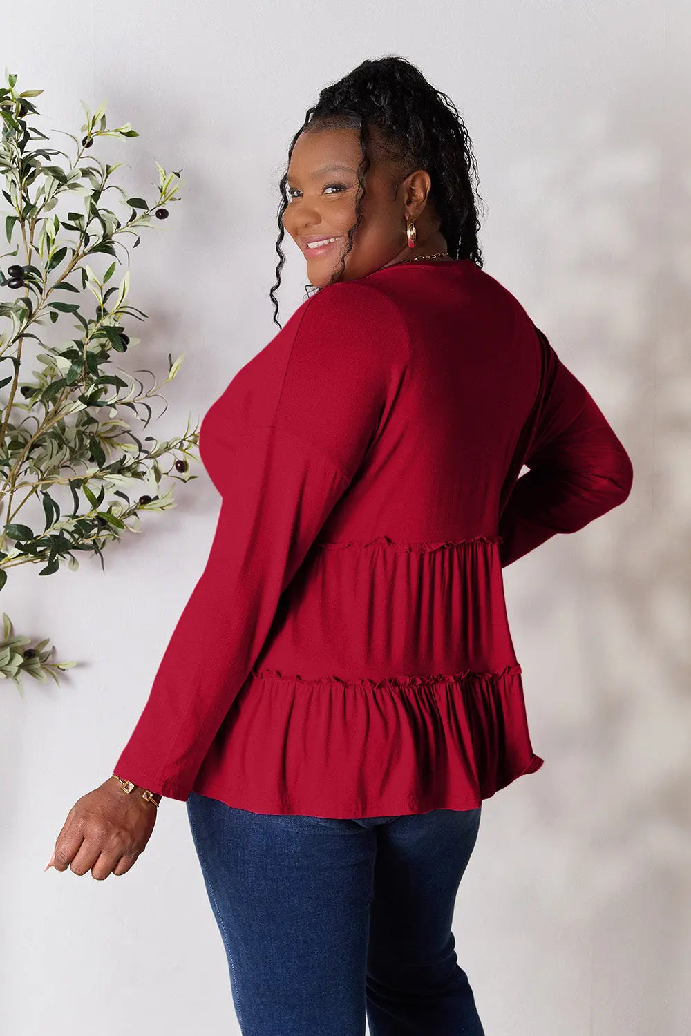 Double Take Ruffle-Hem Button Blouse - Whispering Desires Shoppe