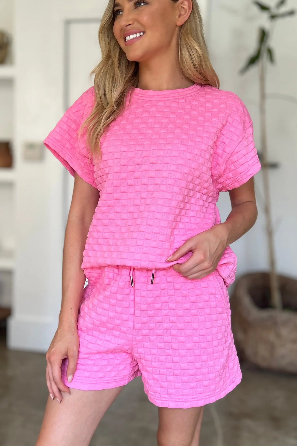 Double Take Textured T-Shirt & Drawstring Shorts Set - Whispering Desires Shoppe
