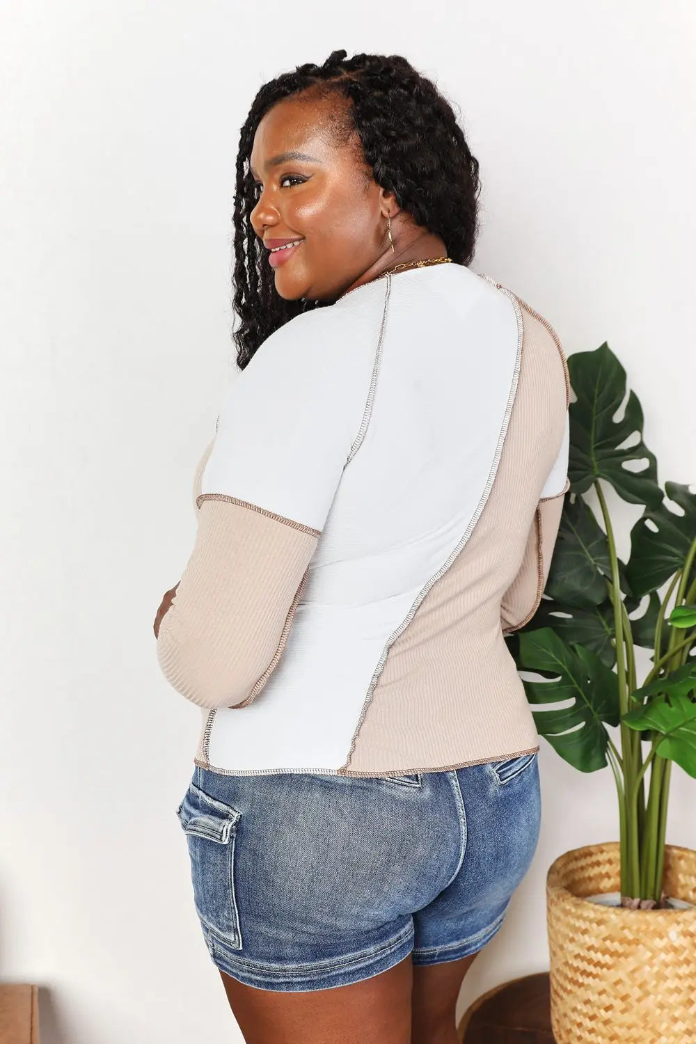 Double Take Colorblock Ribbed Exposed-Seam Top - Whispering Desires Shoppe