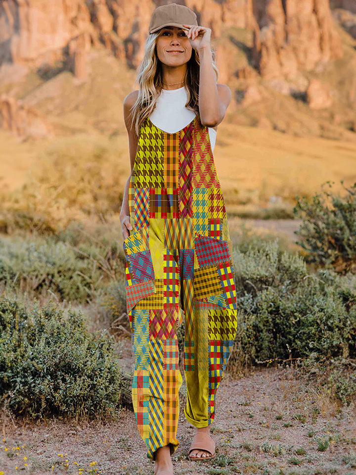 Full-Size Printed V-Neck Sleeveless Jumpsuit with Pockets - Whispering Desires Shoppe