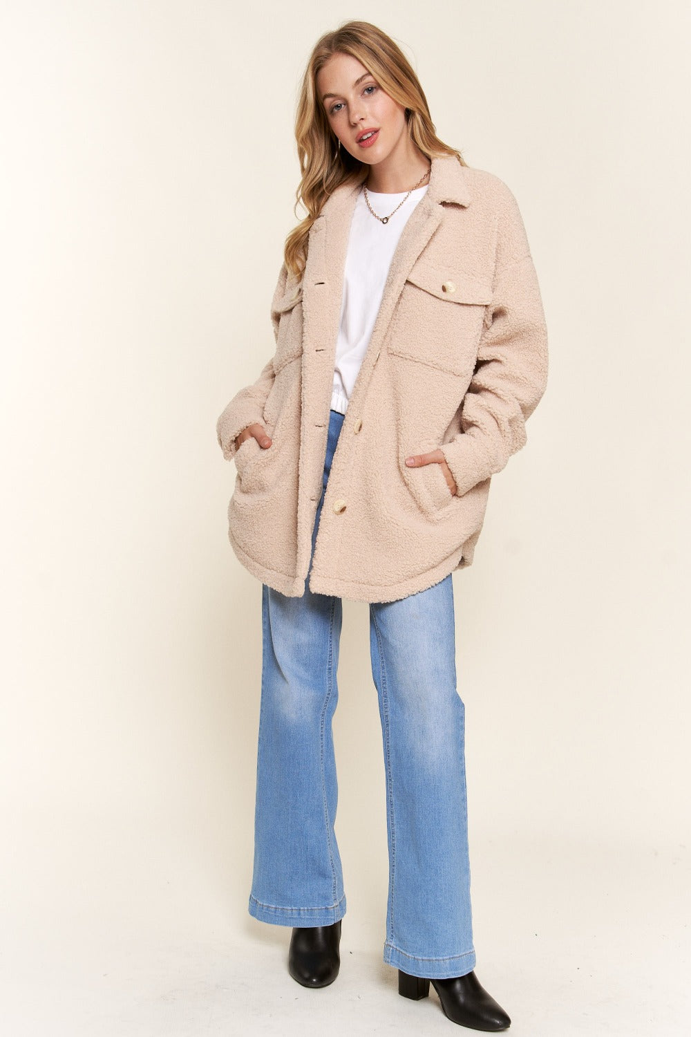 And The Why Teddy Sherpa Button Down Curved Hem Shacket - Whispering Desires Shoppe
