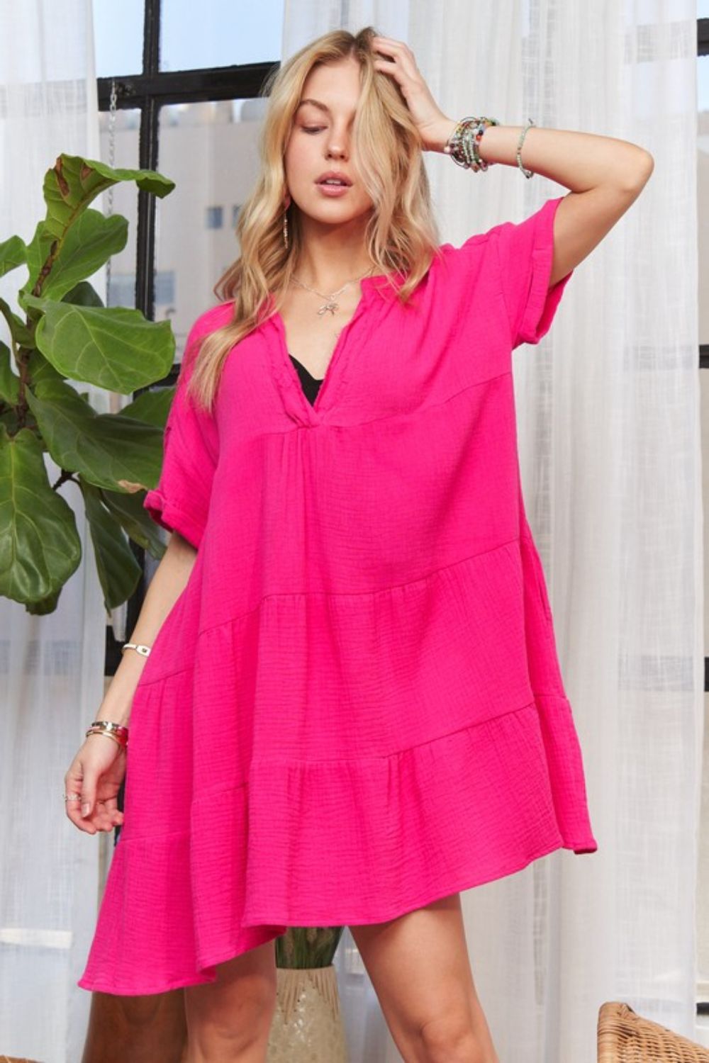 ADORA Tiered Notched Short Sleeve Dress - Whispering Desires Shoppe
