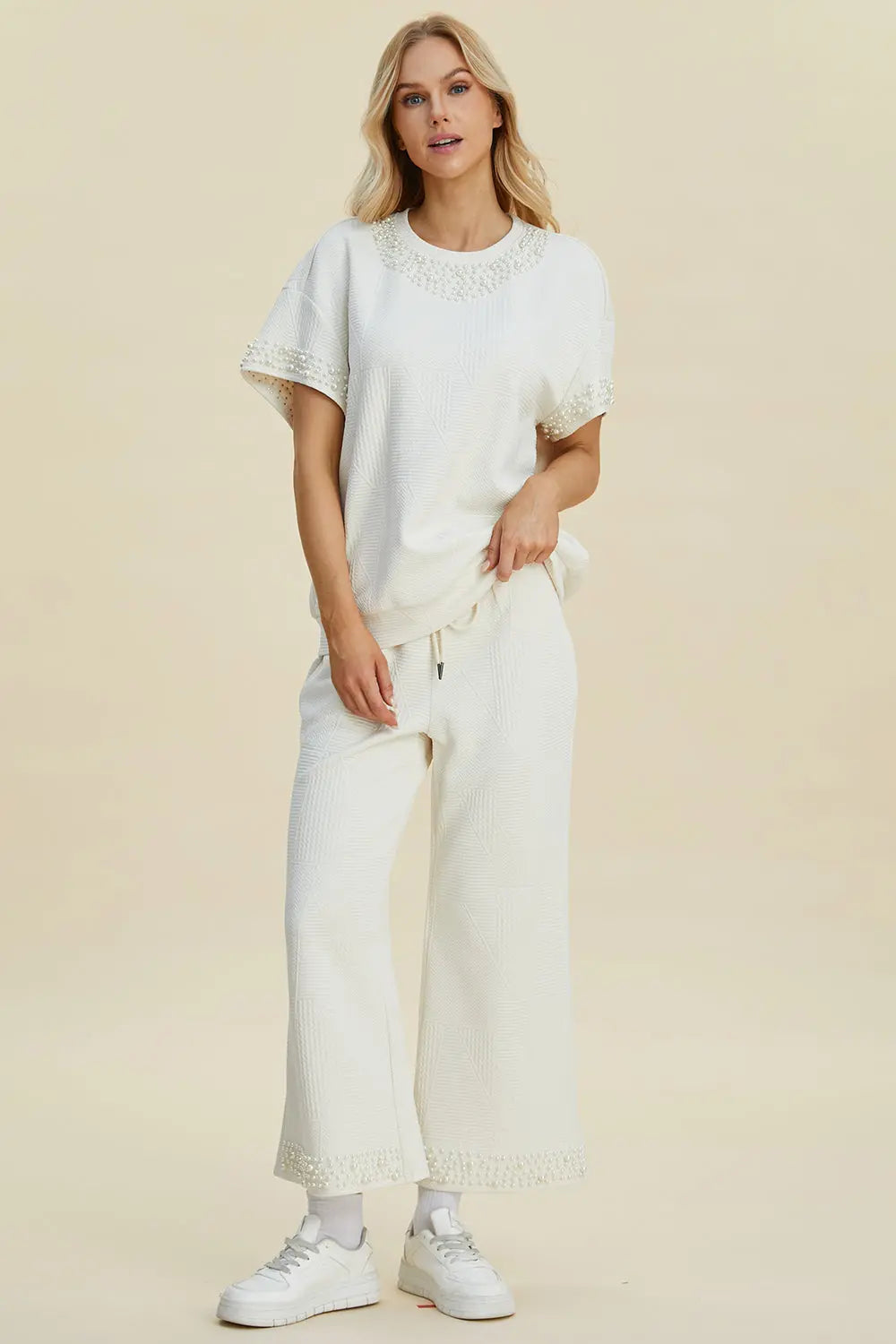 Double Take Full Size Pearl Detail Round Neck Top and Pants Set - Whispering Desires Shoppe