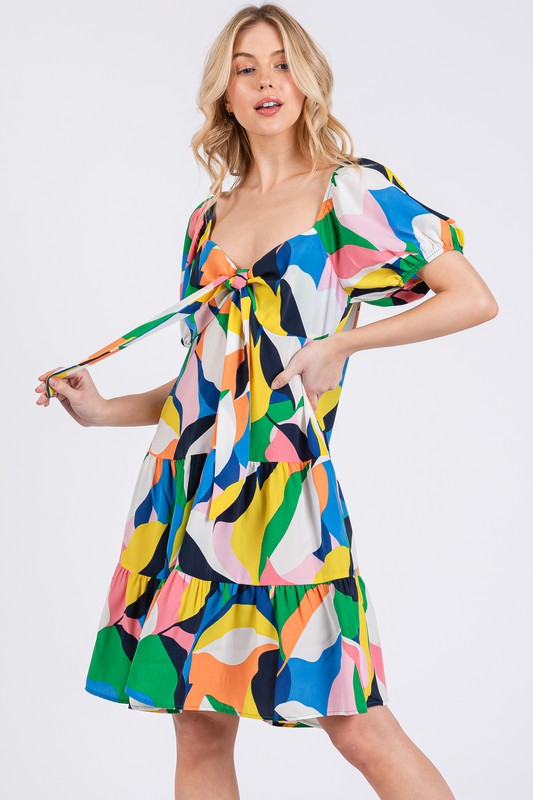 Ces Femme Abstract Print Sweetheart Neck Puff Sleeve Dress - Whispering Desires Shoppe
