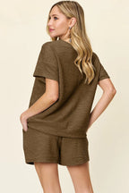 Double Take Textured Tee & Drawstring Shorts Set - Whispering Desires Shoppe