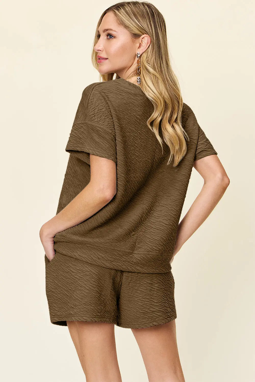 Double Take Textured Tee & Drawstring Shorts Set - Whispering Desires Shoppe