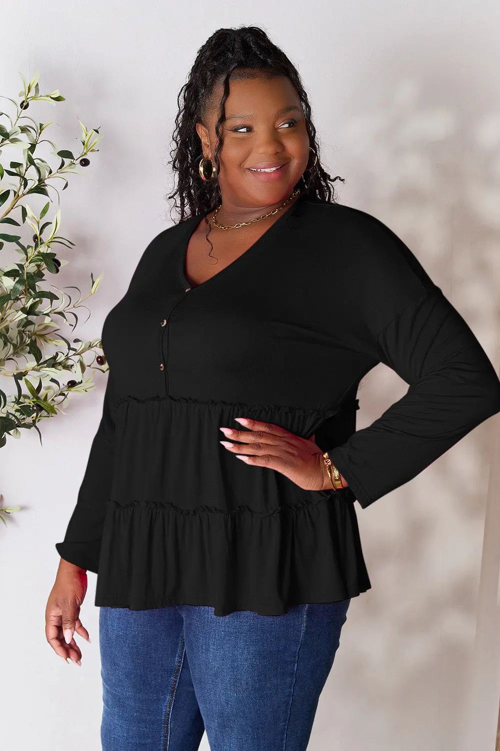 Double Take Ruffle-Hem Button Blouse - Whispering Desires Shoppe