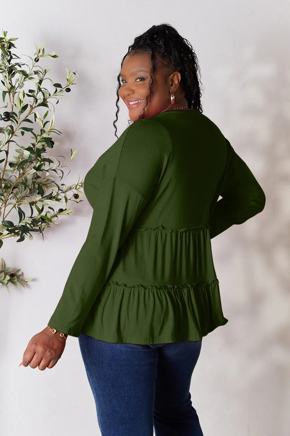 Double Take Ruffle-Hem Button Blouse - Whispering Desires Shoppe