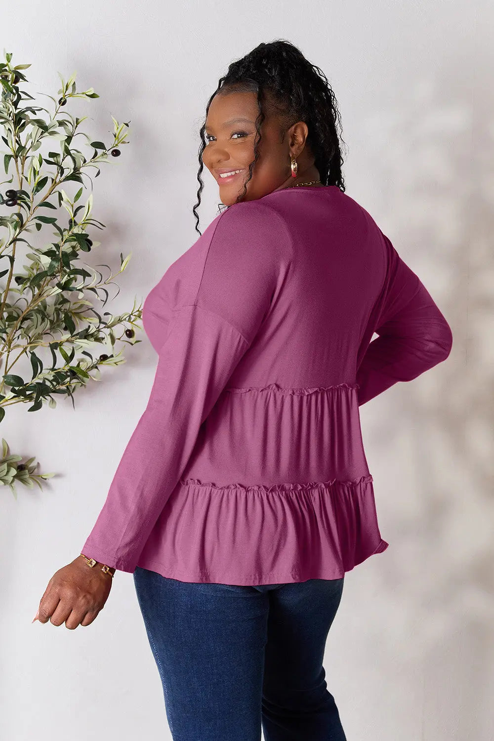 Double Take Ruffle-Hem Button Blouse - Whispering Desires Shoppe