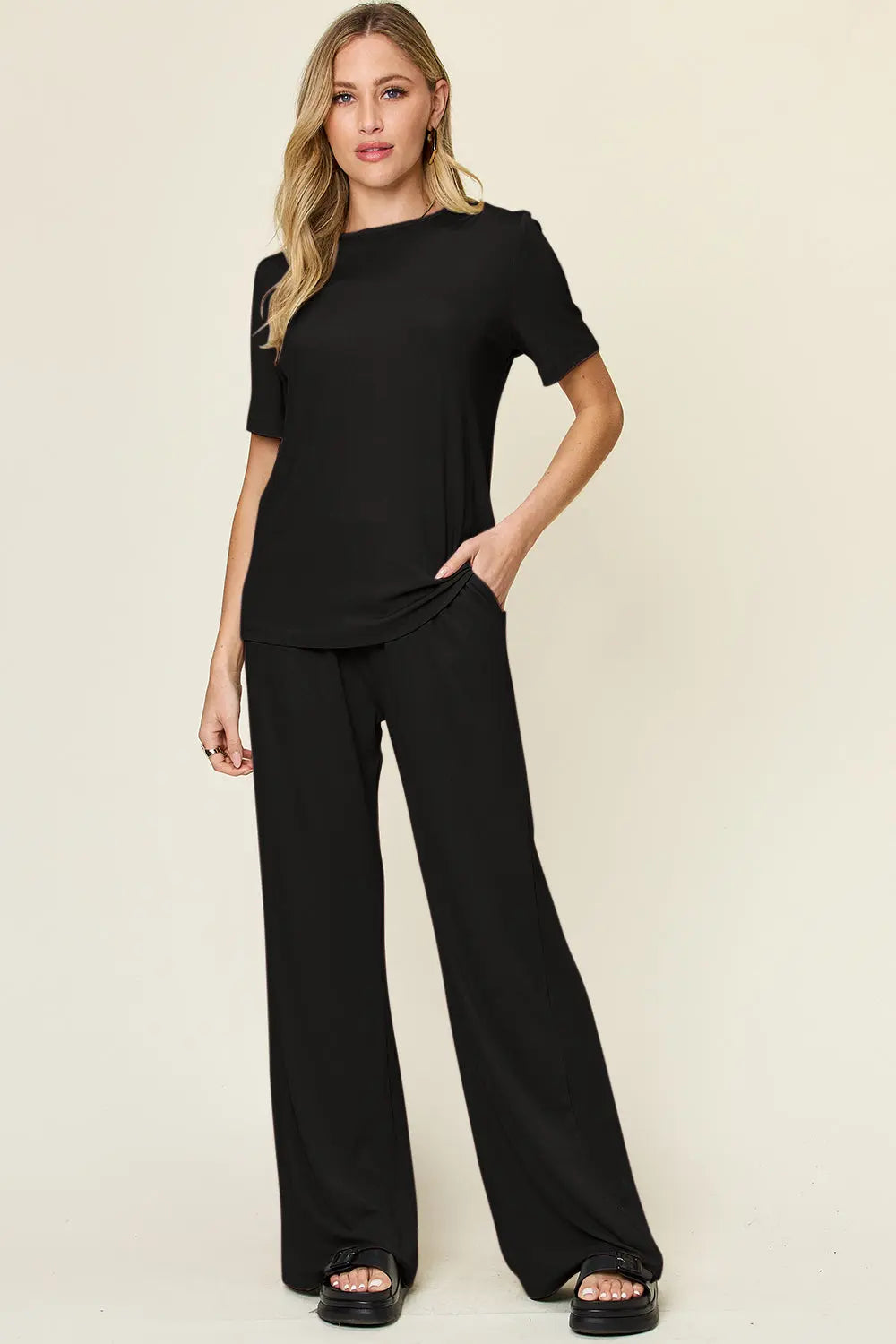 Double Take Short-Sleeve & Wide-Leg Two-Piece Set - Whispering Desires Shoppe