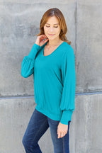 Basic Bae V-Neck Lantern Sleeve Top — Full Sizes - Whispering Desires Shoppe