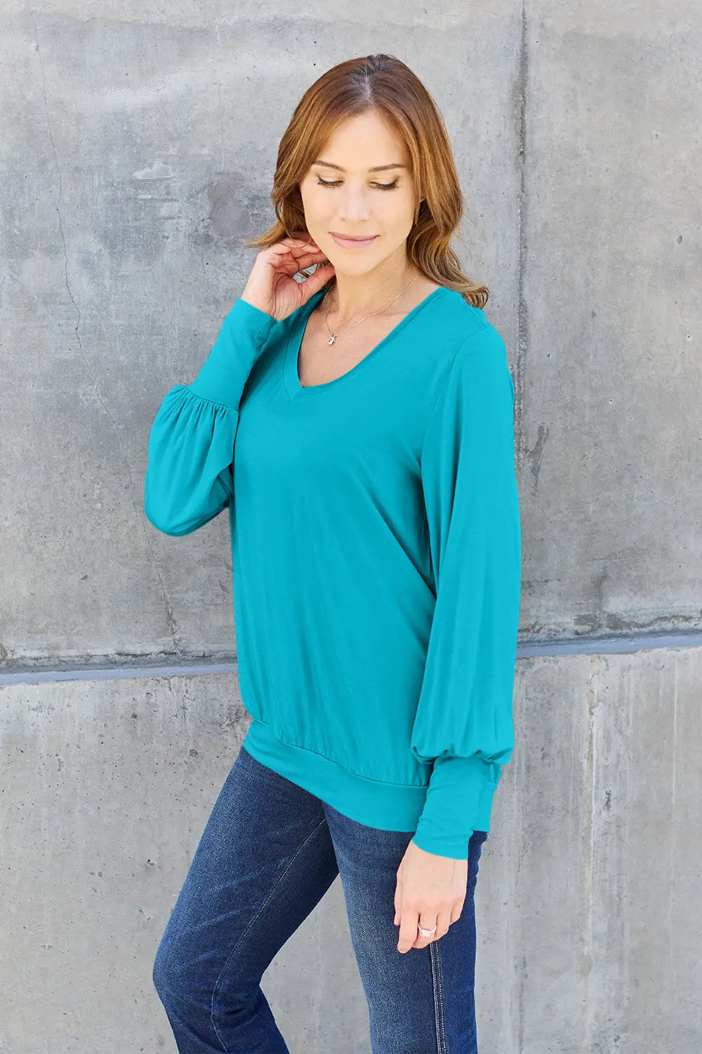 Basic Bae V-Neck Lantern Sleeve Top — Full Sizes - Whispering Desires Shoppe