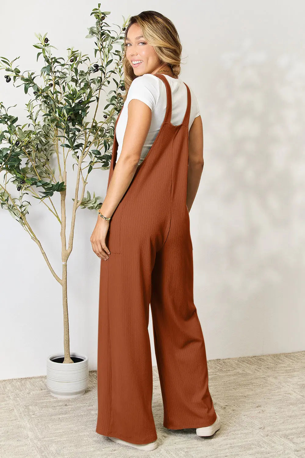 Double Take Wide-Strap Ribbed Overall with Pockets - Whispering Desires Shoppe