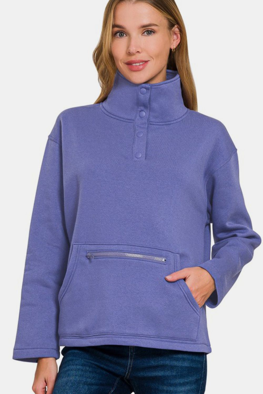 Zenana Turtleneck Half Snap Fleece Sweatshirt - Whispering Desires Shoppe