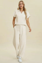 Double Take Collared Two-Piece Top & Wide-Leg Pants - Whispering Desires Shoppe