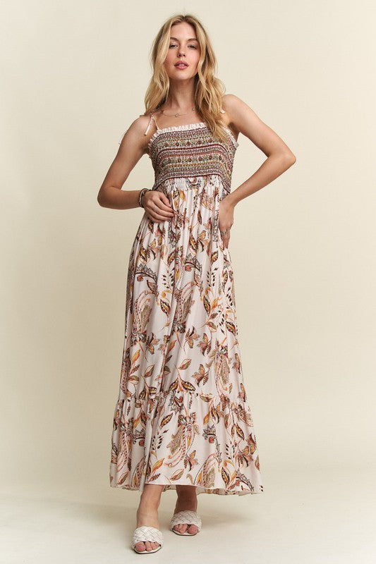 ADORA Smocked Printed Square Neck Tie Shoulder Cami Dress - Whispering Desires Shoppe