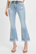 RISEN Full Size Raw Hem Distressed Cropped Flare Jeans Plus Size - Whispering Desires Shoppe