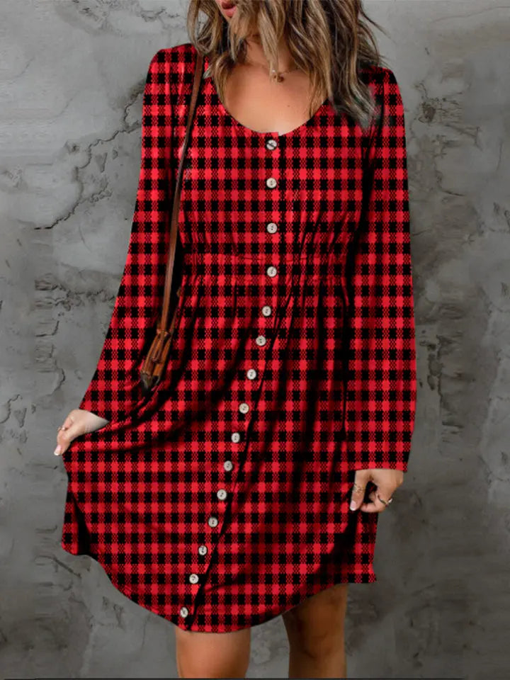 Double Take Plaid A-Line Mini Dress — Buttoned Neck - Whispering Desires Shoppe