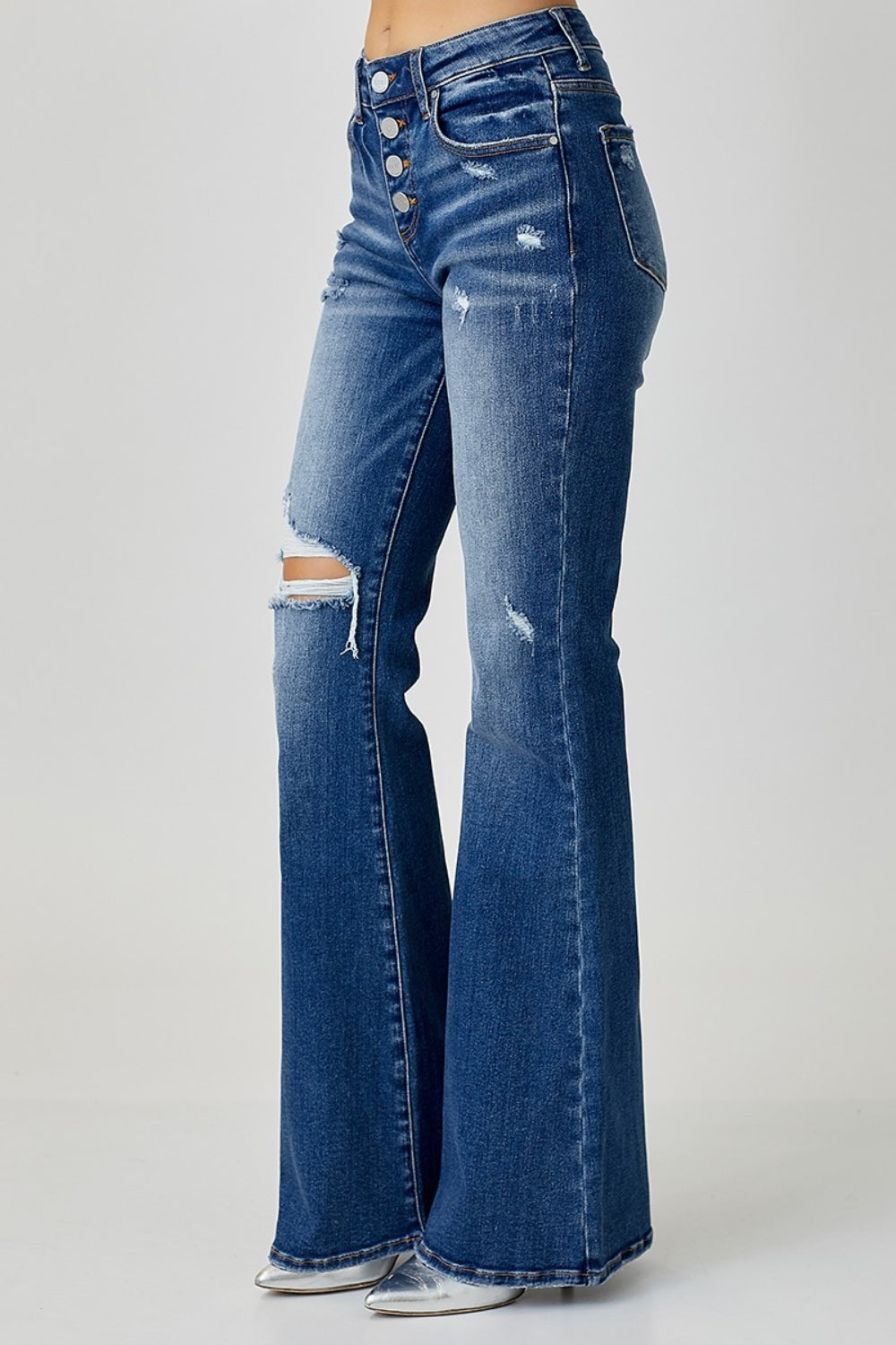 RISEN Distressed Button-Fly Flare Jeans - Whispering Desires Shoppe