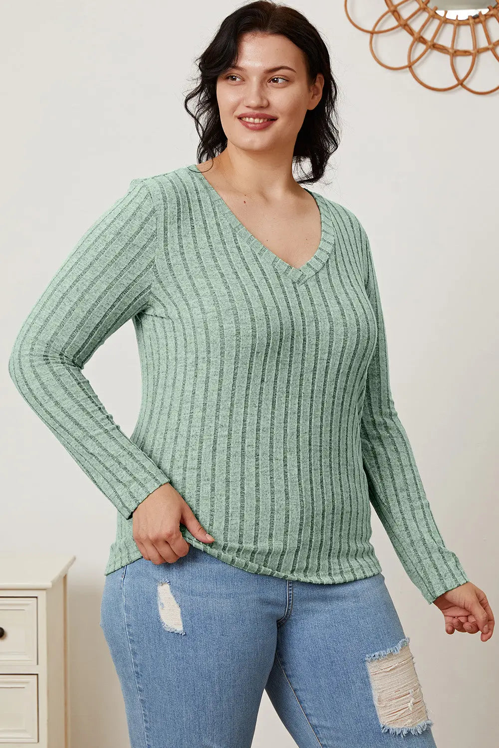 Basic Bae Ribbed V-Neck Long Sleeve Tee - Whispering Desires Shoppe