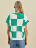 Double Take Checkered Round-Neck Short-Sleeve Sweater - Whispering Desires Shoppe