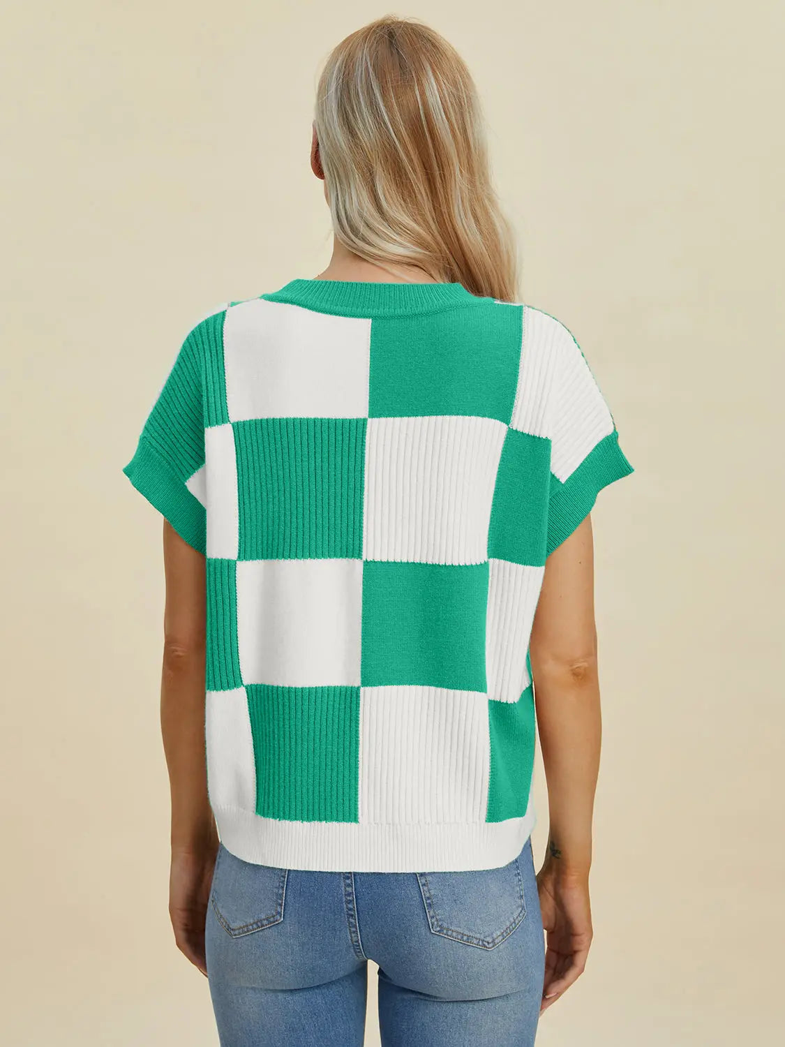 Double Take Checkered Round-Neck Short-Sleeve Sweater - Whispering Desires Shoppe