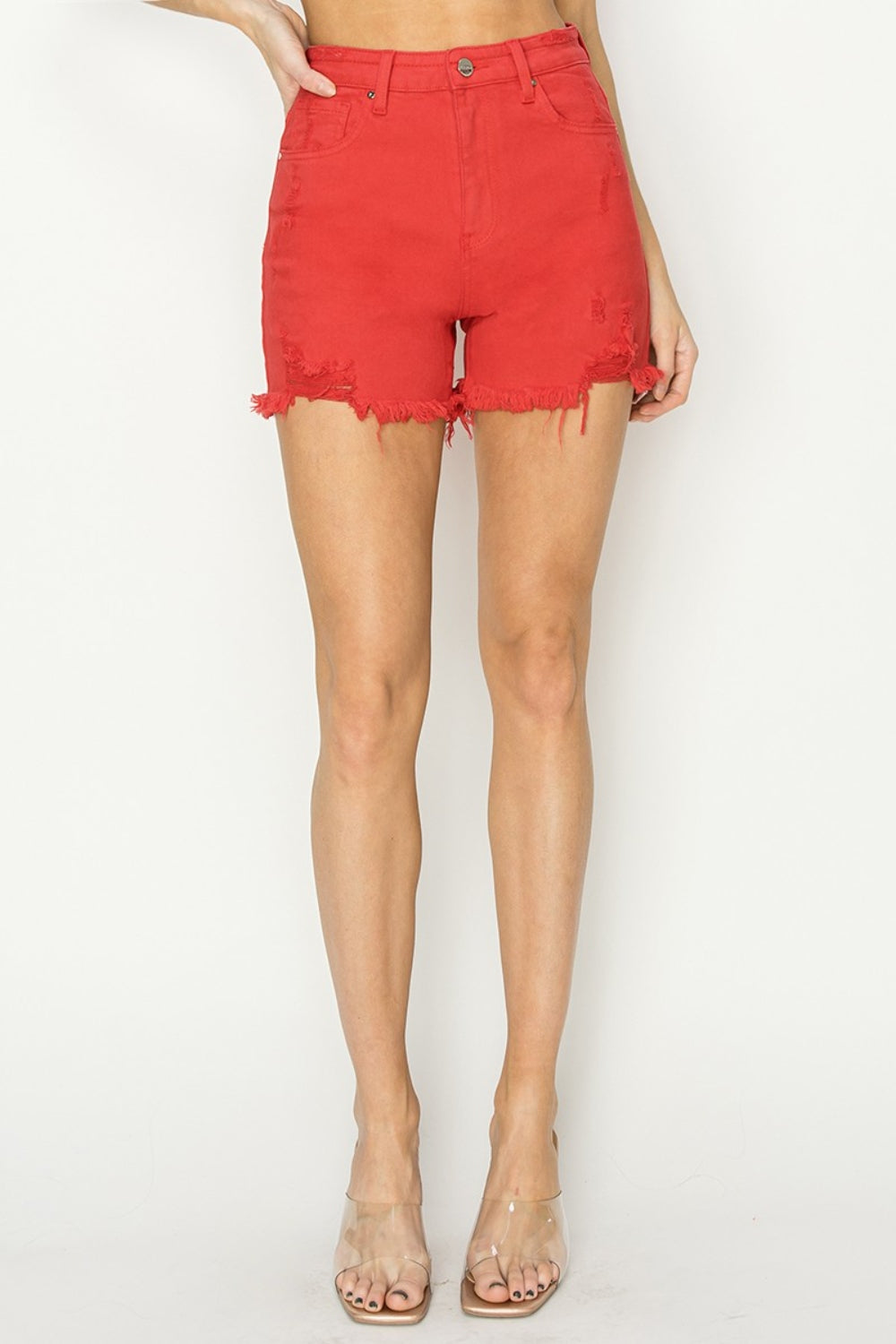 RISEN High-Rise Distressed Denim Shorts - Whispering Desires Shoppe