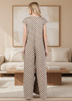 Ces Femme Checkered Half Button Cap Sleeve Jumpsuit - Whispering Desires Shoppe