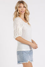 Mittoshop Mixed Media Textured Knit Popcorn Puff Sleeve Blouse - Whispering Desires Shoppe