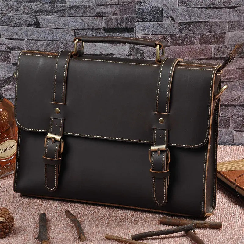 Mens Genuine Leather Cowhide Crazy Horse Leather Handbag - Whispering Desires Shoppe