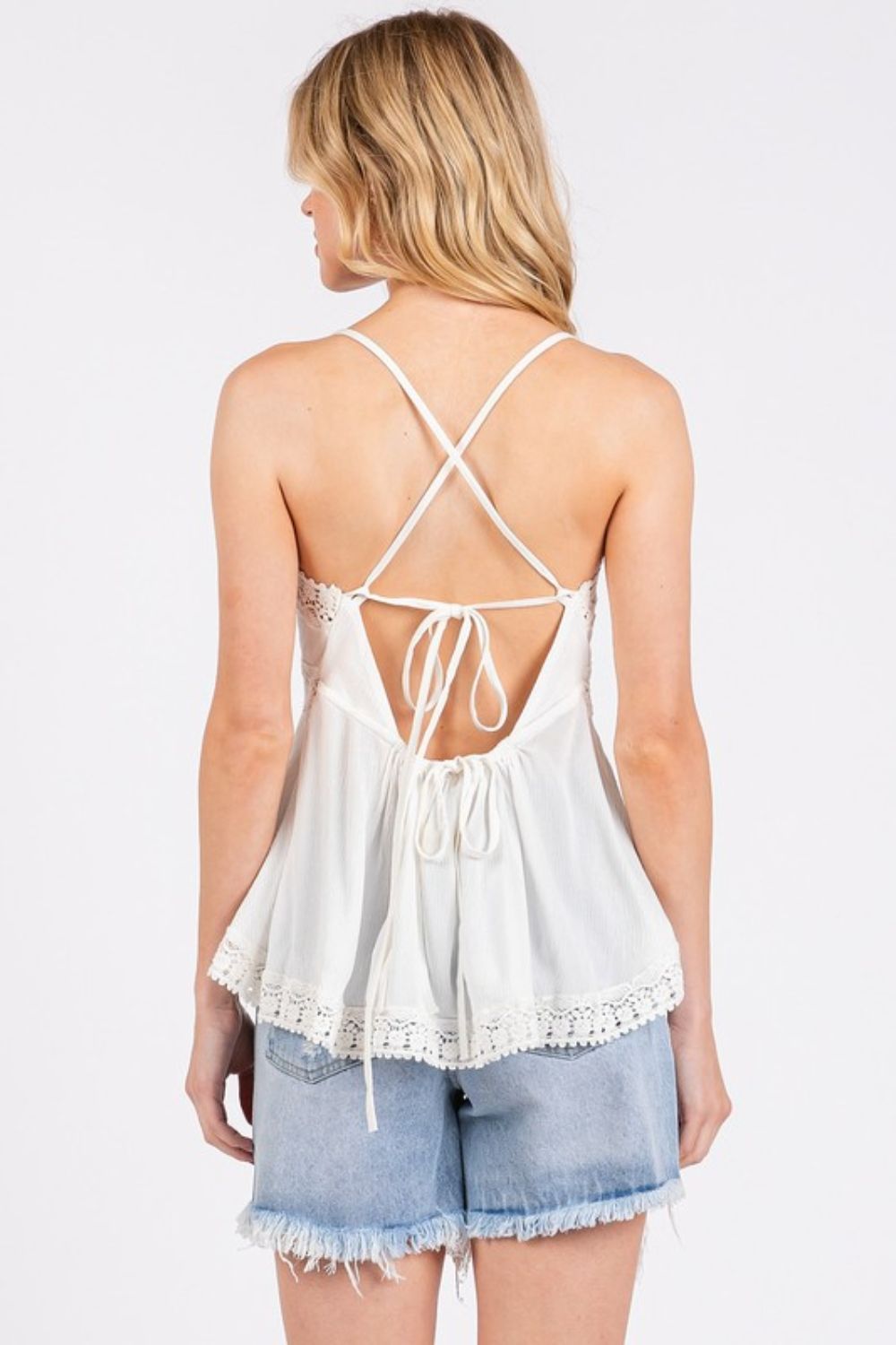 Mittoshop Crisscross Back Lace Detail V-Neck Cami - Whispering Desires Shoppe