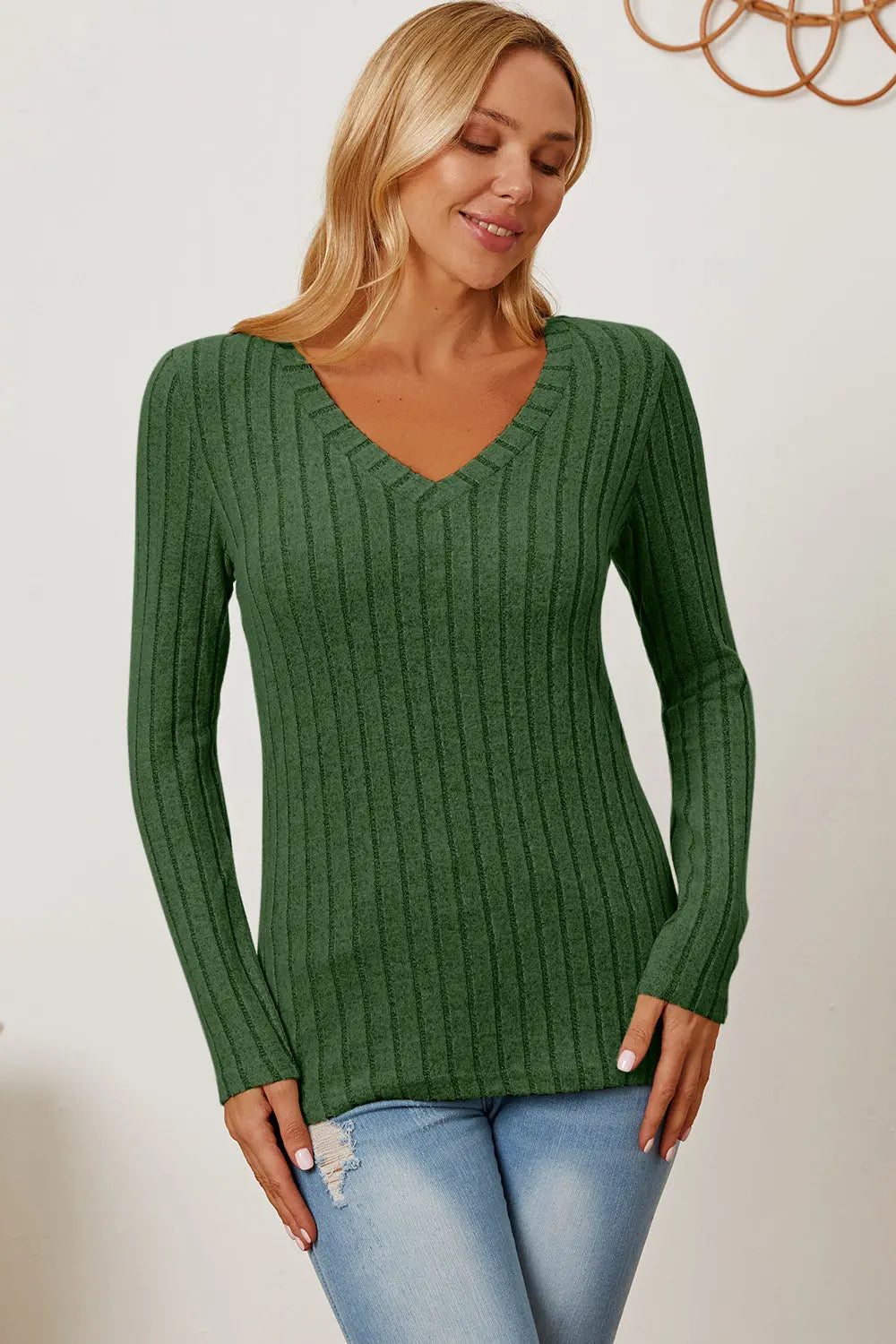 Basic Bae Ribbed V-Neck Long Sleeve Tee - Whispering Desires Shoppe