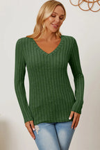 Basic Bae Ribbed V-Neck Long Sleeve Tee - Whispering Desires Shoppe