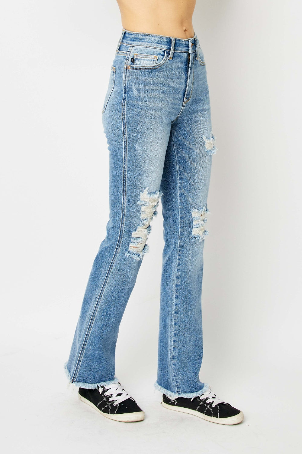 Judy Blue Distressed Raw-Hem Bootcut Jeans - Whispering Desires Shoppe