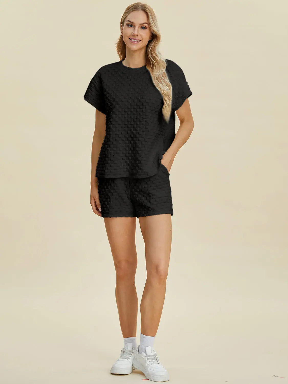 Double Take Textured T-Shirt & Drawstring Shorts Set - Whispering Desires Shoppe