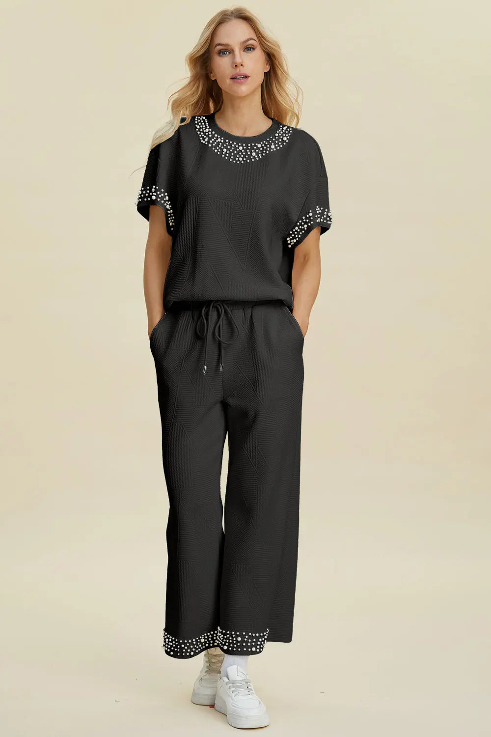 Double Take Full Size Pearl Detail Round Neck Top and Pants Set - Whispering Desires Shoppe
