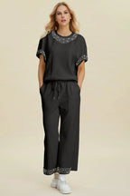 Double Take Full Size Pearl Detail Round Neck Top and Pants Set - Whispering Desires Shoppe