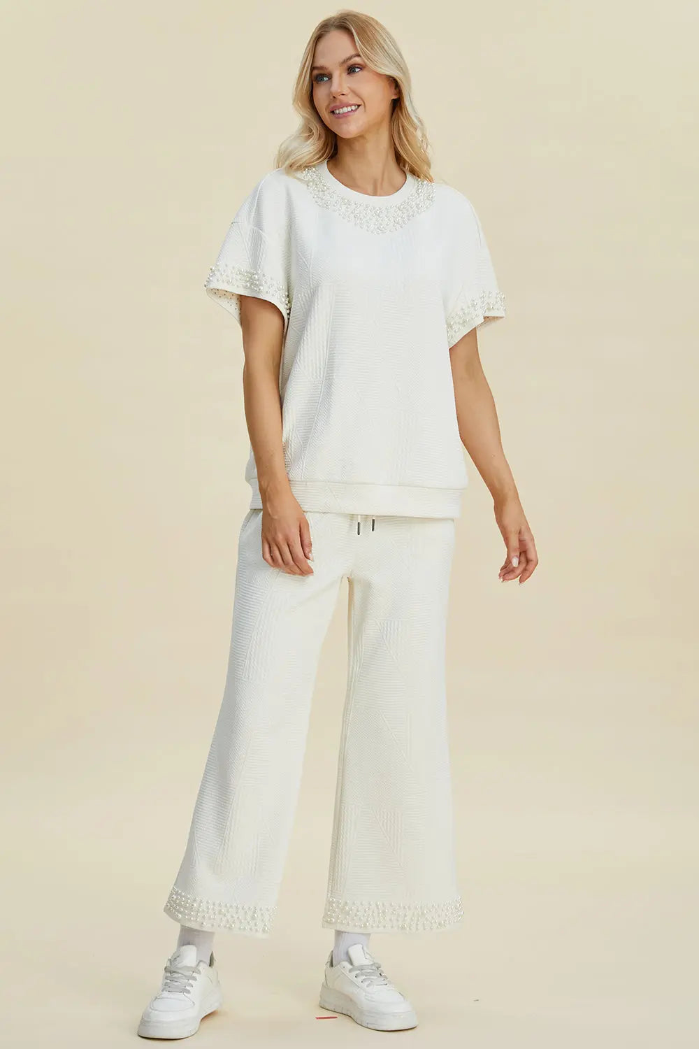 Double Take Full Size Pearl Detail Round Neck Top and Pants Set - Whispering Desires Shoppe