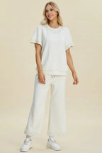 Double Take Full Size Pearl Detail Round Neck Top and Pants Set - Whispering Desires Shoppe