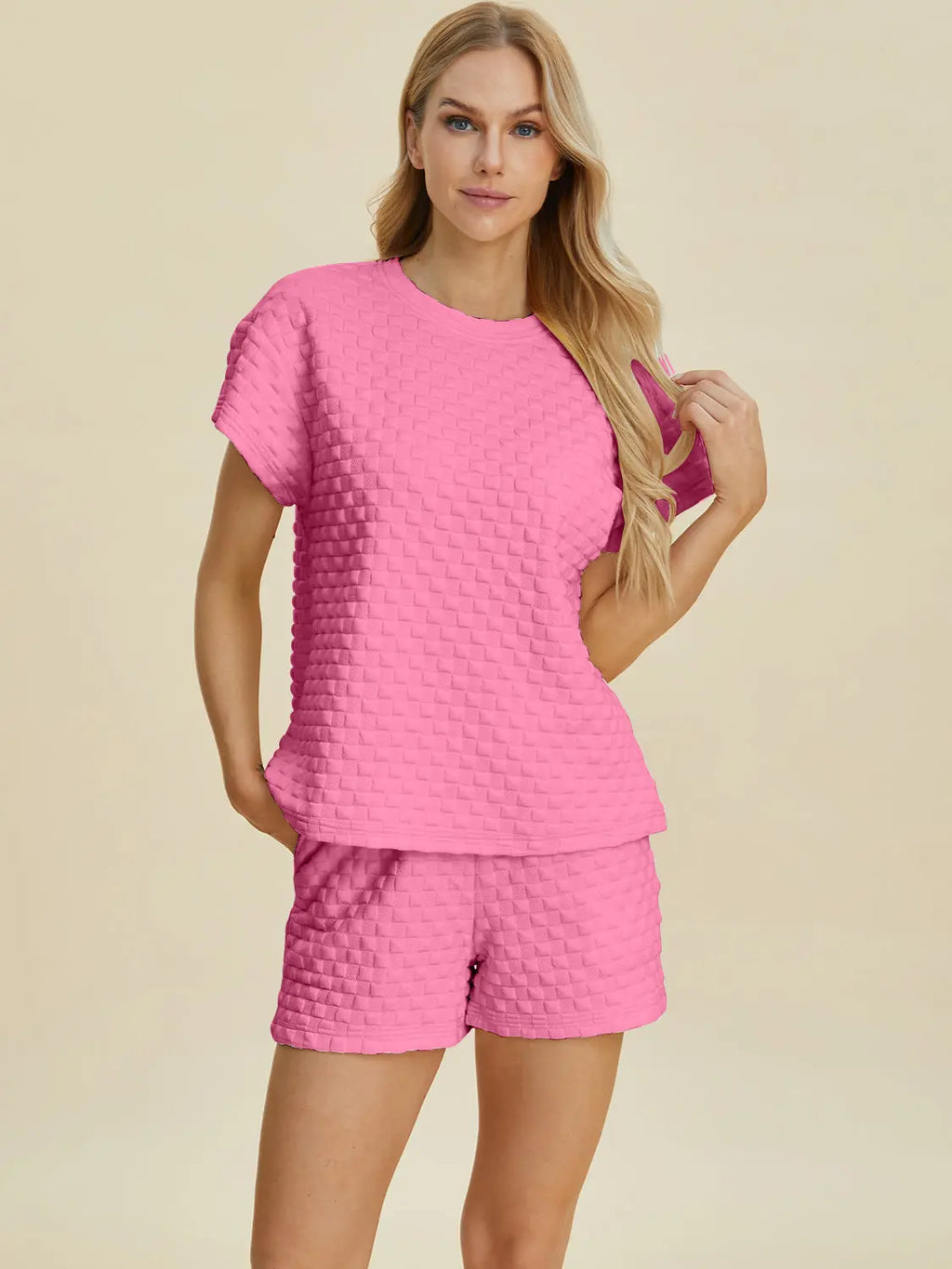 Double Take Textured T-Shirt & Drawstring Shorts Set - Whispering Desires Shoppe