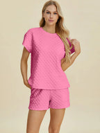 Double Take Textured T-Shirt & Drawstring Shorts Set - Whispering Desires Shoppe